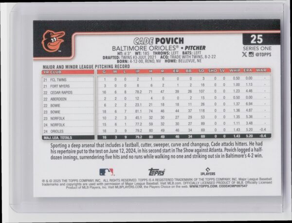 2025 Topps Cade Povich RC #25 Orioles - Image 3