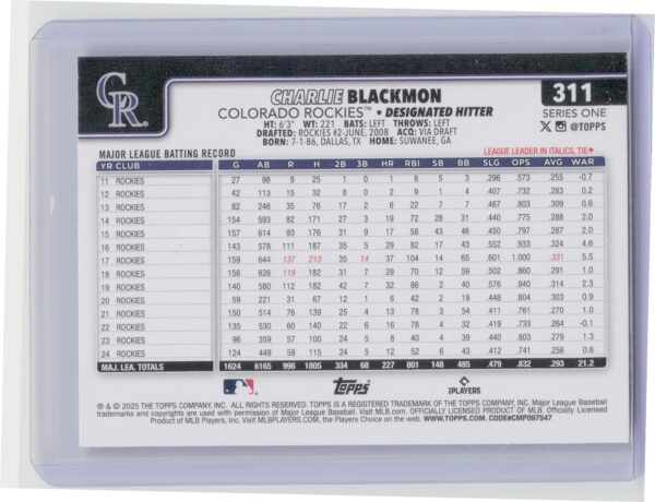 2025 Topps Charlie Blackmon Silver Crackle Foilboard #311 Rockies - Image 3