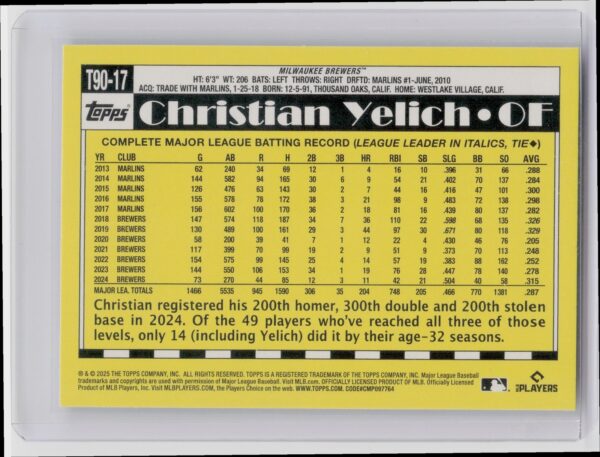 2025 Topps Christian Yelich #T90-17 Brewers 1990 Topps Baseball 35th Anniversary - Image 3