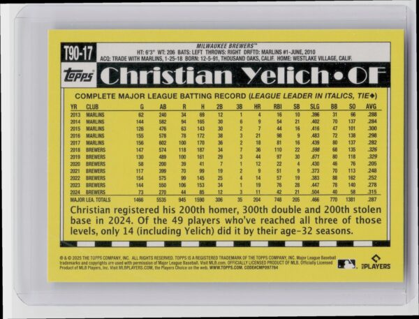 2025 Topps Christian Yelich #T90-17 Brewers 1990 Topps Baseball 35th Anniversary - Image 3