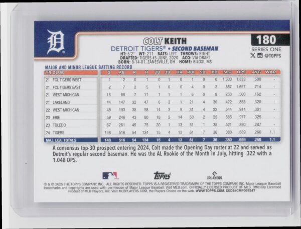 2025 Topps Colt Keith #180 Tigers - Image 3