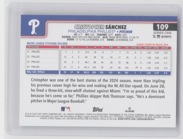 2025 Topps Cristopher Sanchez Rainbow Foil #109 Phillies - Image 3