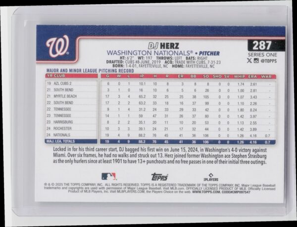2025 Topps DJ Herz RC #287 Nationals - Image 3