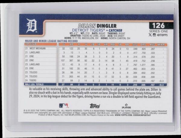 2025 Topps Dillon Dingler RC #126 Tigers - Image 3