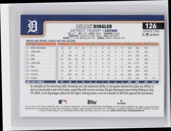 2025 Topps Dillon Dingler RC #126 Tigers - Image 3