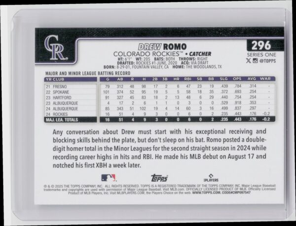 2025 Topps Drew Romo RC #296 Rockies - Image 3