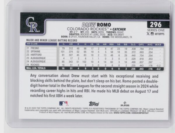 2025 Topps Drew Romo RC #296 Rockies - Image 3