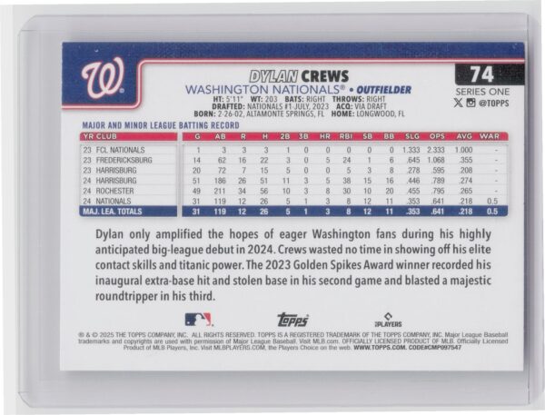 2025 Topps Dylan Crews #74 Nationals - Image 3