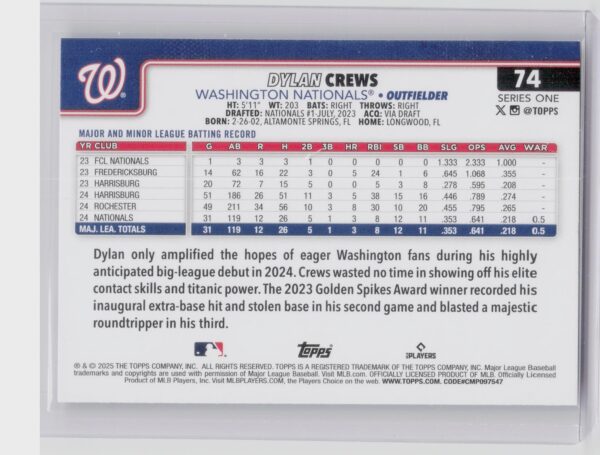 2025 Topps Dylan Crews RC #74 Nationals - Image 3
