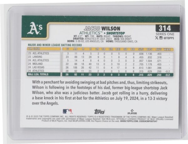 2025 Topps Jacob Wilson RC #314 Athletics - Image 3