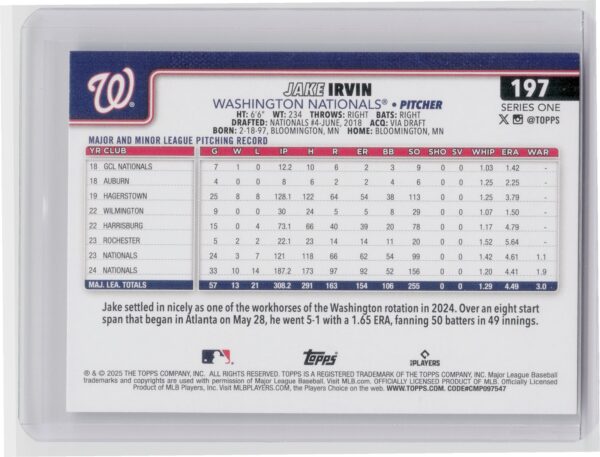 2025 Topps Jake Irvin Rainbow Foil #197 Nationals - Image 3