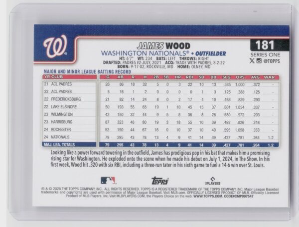 2025 Topps James Wood RC #181 Nationals - Image 3