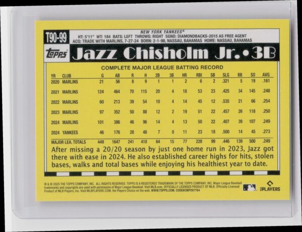 2025 Topps Jazz Chisholm Jr. #T90-99 Yankees 1990 Topps Baseball 35th Anniversar - Image 3