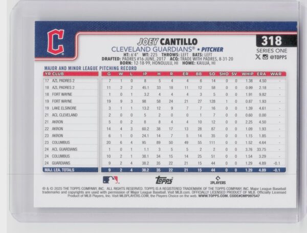 2025 Topps Joey Cantillo RC #318 Guardians - Image 3