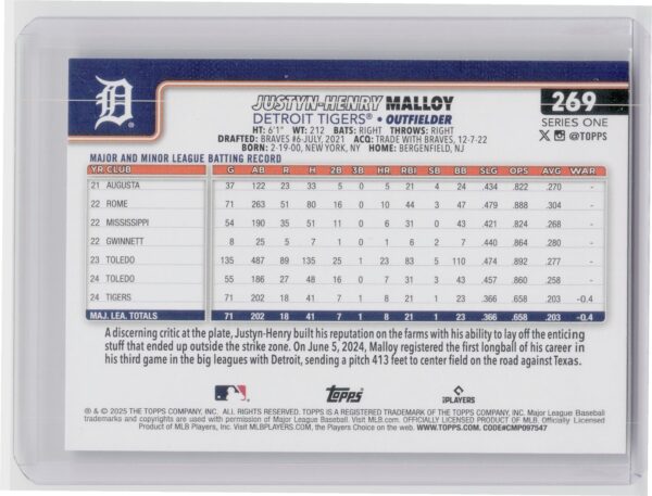 2025 Topps Justyn-Henry Malloy Diamante Foil #269 Tigers - Image 3