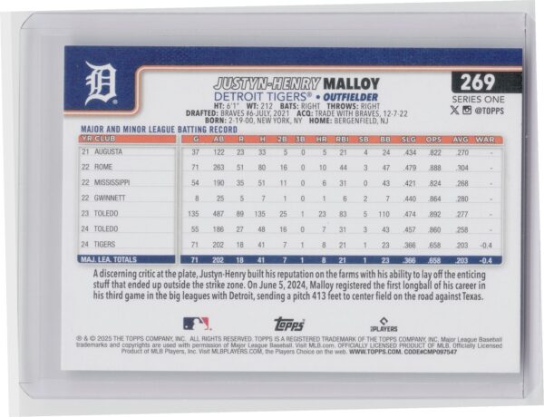 2025 Topps Justyn-Henry Malloy RC #269 Tigers - Image 3