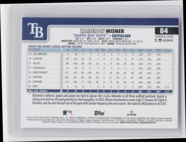 2025 Topps Kameron Misner RC #84 Rays - Image 3
