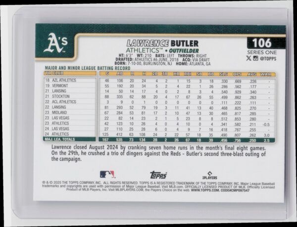 2025 Topps Lawrence Butler Diamante Foil #106 Athletics - Image 3