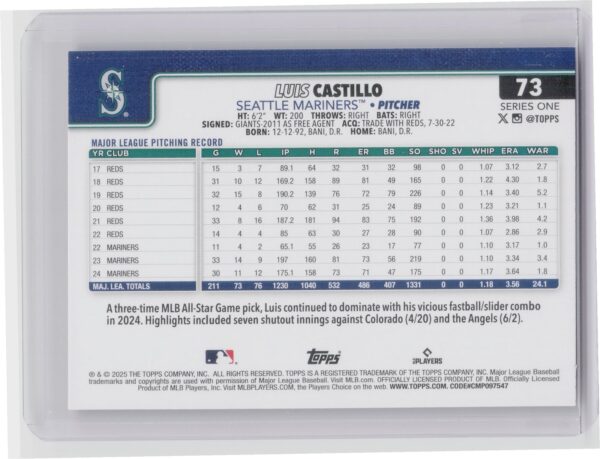 2025 Topps Luis Castillo Pink Diamante Foil #73 Mariners - Image 3