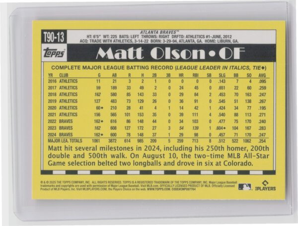 2025 Topps Matt Olson #T90-13 Braves 1990 Topps Baseball 35th Anniversary - Image 3