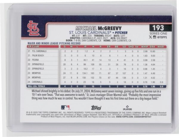 2025 Topps Michael McGreevy RC #193 Cardinals - Image 3