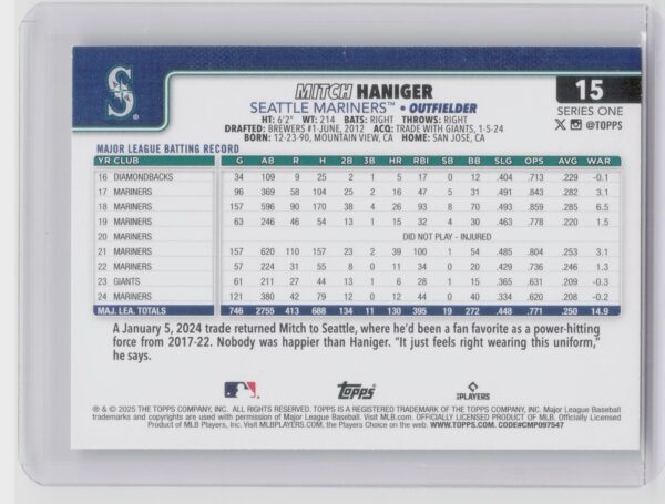 2025 Topps Mitch Haniger Diamante Foil #15 Mariners - Image 3