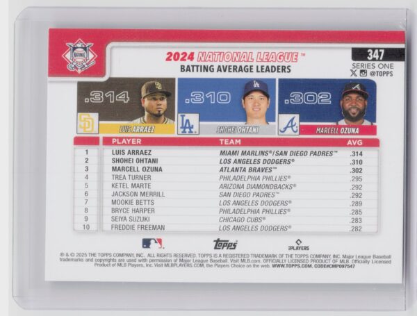 2025 Topps National League Leaders AVG (Luis Arraez / Shohei Ohtani / Marcell Oz - Image 3
