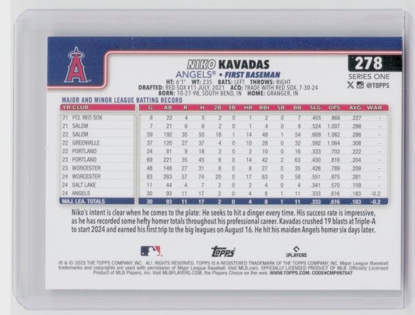 2025 Topps Niko Kavadas RC #278 Angels - Image 3