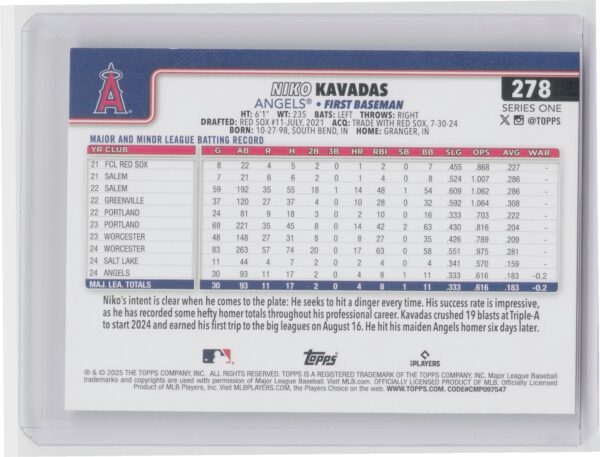 2025 Topps Niko Kavadas RC #278 Angels - Image 3
