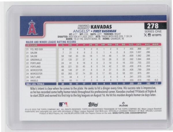 2025 Topps Niko Kavadas RC #278 Angels - Image 3