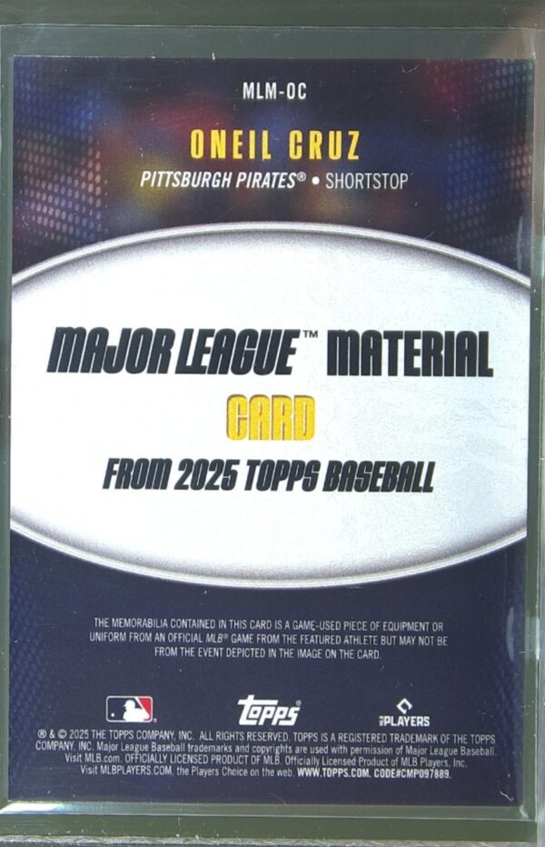 2025 Topps Oneil Cruz JSY #MLM-OC Pirates Major League Material Relics Series 1 - Image 3