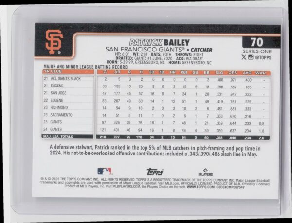 2025 Topps Patrick Bailey Diamante Foil #70 Giants - Image 3