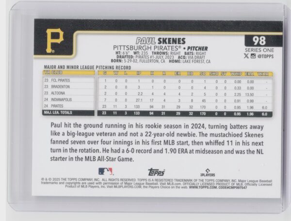 2025 Topps Paul Skenes #98 Pirates - Image 3