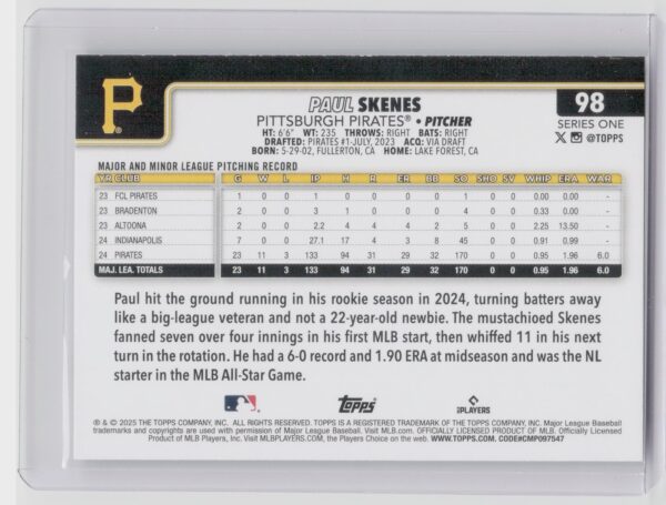 2025 Topps Paul Skenes #98 Pirates - Image 3