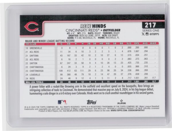 2025 Topps Rece Hinds RC #217 Reds - Image 3