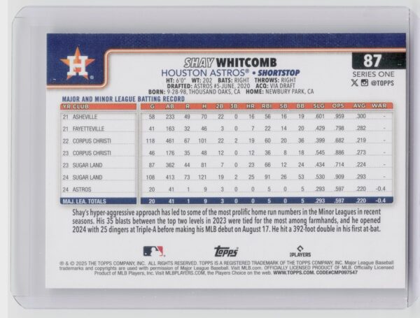 2025 Topps Shay Whitcomb RC #87 Astros - Image 3