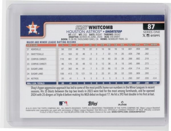 2025 Topps Shay Whitcomb RC #87 Astros - Image 3