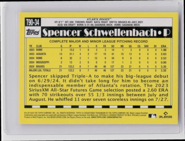2025 Topps Spencer Schwellenbach #T90-34 Braves 1990 Topps Baseball 35th Anniver - Image 3