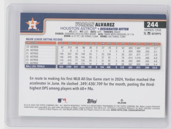 2025 Topps Yordan Alvarez Diamante Foil #244 Astros - Image 3