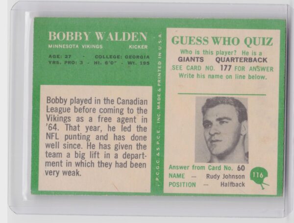 1966 Philadelphia Bobby Walden RC #116 Vikings - Image 3