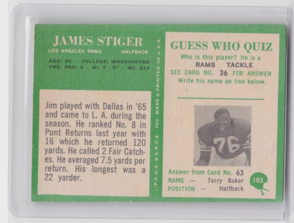 1966 Philadelphia James Stiger RC #103 Rams - Image 3