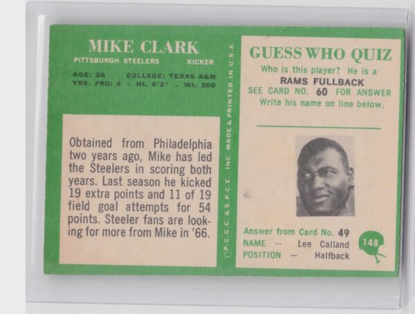 1966 Philadelphia Mike Clark #148 Steelers - Image 3