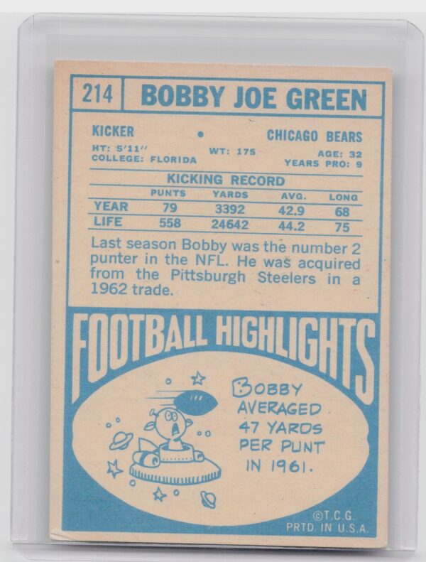 1968 Topps Bobby Joe Green #214 Bears - Image 3