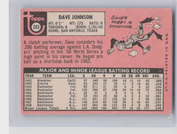 1969 Topps Dave Johnson #203 Orioles - Image 3