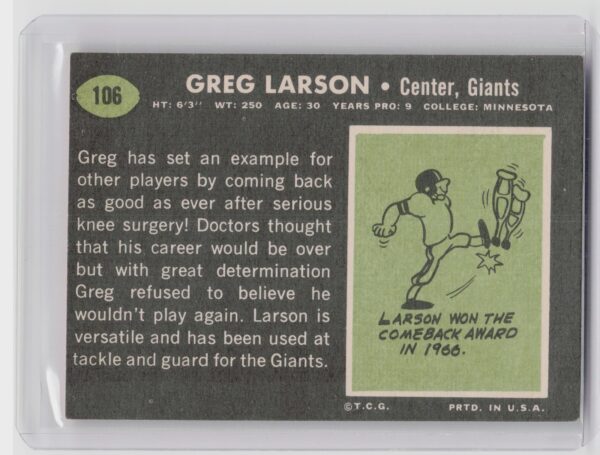 1969 Topps Greg Larson #106 Giants - Image 3