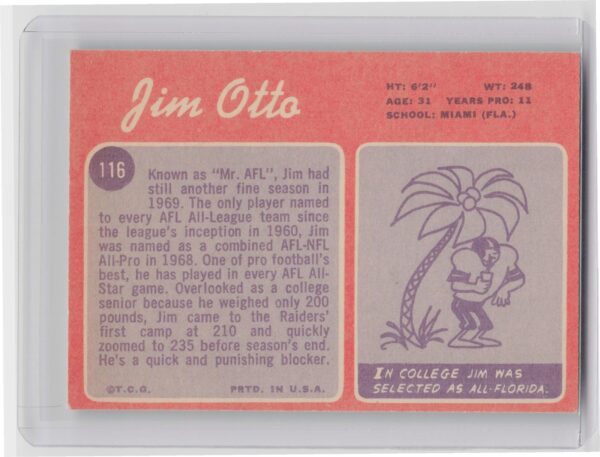 1970 Topps Jim Otto #116 Raiders - Image 3