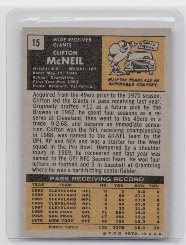 1971 Topps Clifton McNeil #15 Giants - Image 3