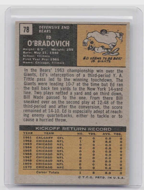 1971 Topps Ed O'Bradovich #78 Bears - Image 3