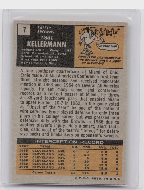 1971 Topps Ernie Kellerman #7 Browns - Image 3