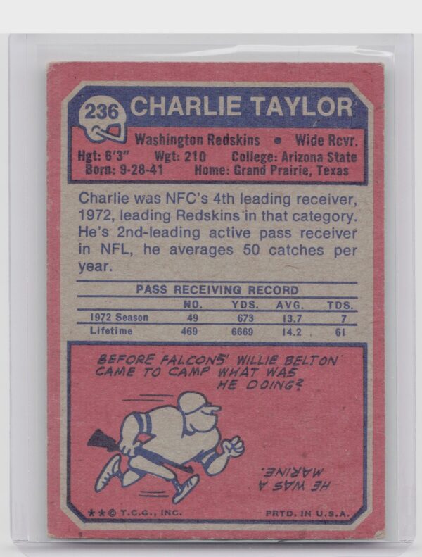1973 Topps Charley Taylor #236 Redskins - Image 3